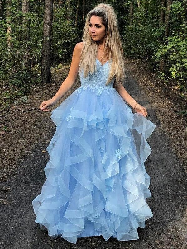 A-Line/Elegant Spaghetti Straps Sleeveless Applique Organza Floor-Length Prom Dresses by misshow.com