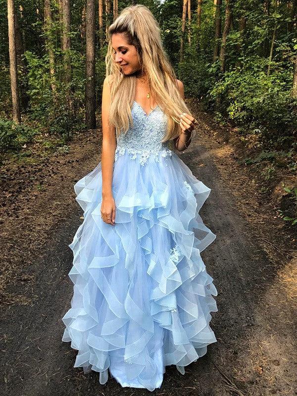 A-Line/Elegant Spaghetti Straps Sleeveless Applique Organza Floor-Length Prom Dresses by misshow.com