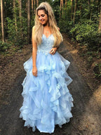 A-Line/Elegant Spaghetti Straps Sleeveless Applique Organza Floor-Length Prom Dresses by misshow.com