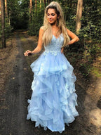 A-Line/Elegant Spaghetti Straps Sleeveless Applique Organza Floor-Length Prom Dresses by misshow.com