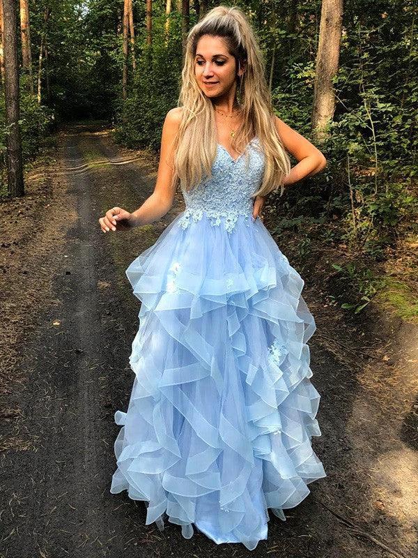 A-Line/Elegant Spaghetti Straps Sleeveless Applique Organza Floor-Length Prom Dresses by misshow.com