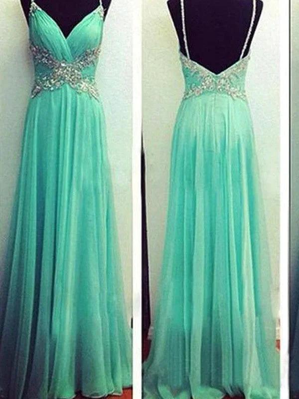 A-Line/Elegant Spaghetti Straps Sleeveless Beading Floor-Length Chiffon Prom Dresses by misshow.com