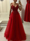 A-Line/Elegant Spaghetti Straps Sleeveless Floor-Length Applique Tulle Prom Dresses by misshow.com