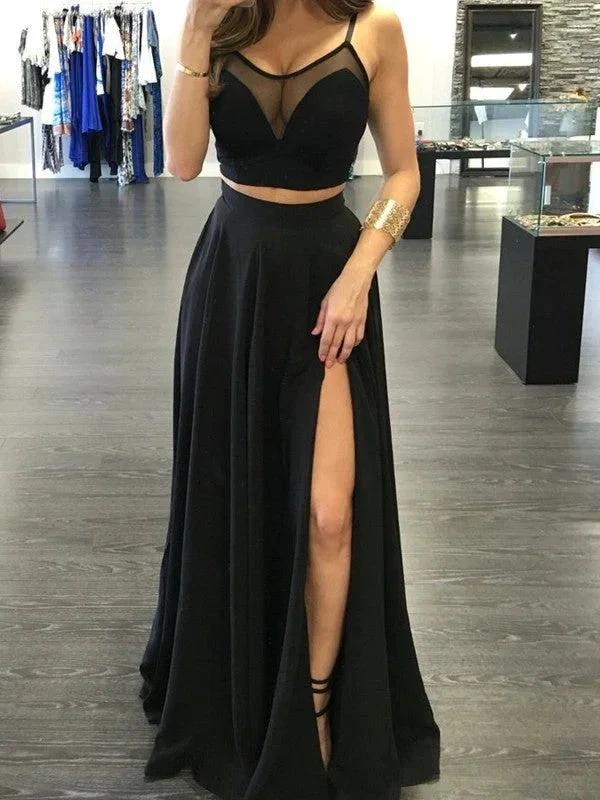 A-Line/Elegant Spaghetti Straps Sleeveless Floor-Length Chiffon Two Piece Prom Dresses by misshow.com