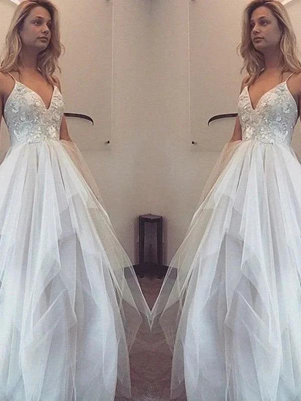 A-Line/Elegant Spaghetti Straps Sleeveless Floor-Length Tulle Prom Dresses by misshow.com