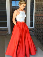 A-Line/Elegant Spaghetti Straps Sleeveless Satin Floor-Length Lace Two Piece Prom Dresses by misshow.com