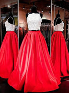 A-Line/Elegant Spaghetti Straps Sleeveless Satin Floor-Length Lace Two Piece Prom Dresses by misshow.com