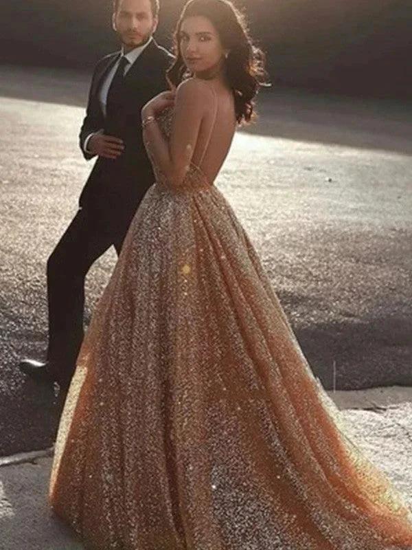 A-Line/Elegant Spaghetti Straps Tulle Sequin Sleeveless Prom Dresses by misshow.com