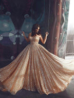 A-Line/Elegant Spaghetti Straps Tulle Sequin Sleeveless Prom Dresses by misshow.com