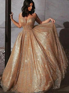 A-Line/Elegant Spaghetti Straps Tulle Sequin Sleeveless Prom Dresses by misshow.com