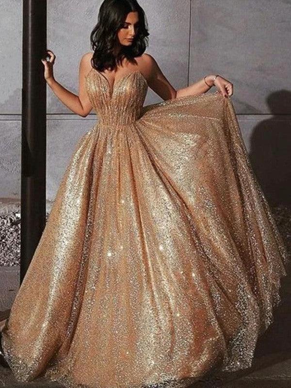 A-Line/Elegant Spaghetti Straps Tulle Sequin Sleeveless Prom Dresses by misshow.com