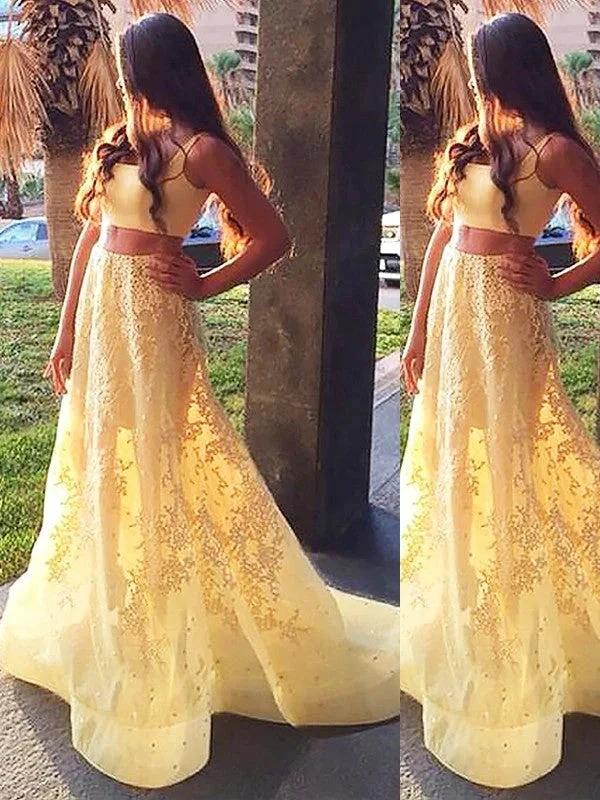 A-Line/Elegant Square Sleeveless Satin Applique Two Piece Prom Dresses by misshow.com