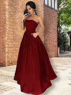 A-Line/Elegant Strapless Sleeveless Floor-Length Ruffles Satin Prom Dresses by misshow.com