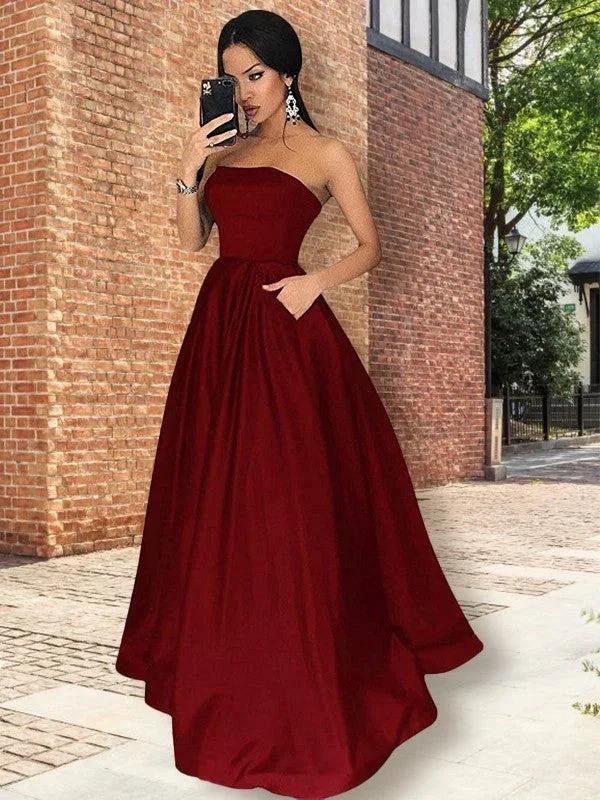 A-Line/Elegant Strapless Sleeveless Floor-Length Ruffles Satin Prom Dresses by misshow.com