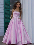 A-Line/Elegant Strapless Sleeveless Floor-Length Ruffles Satin Prom Dresses by misshow.com