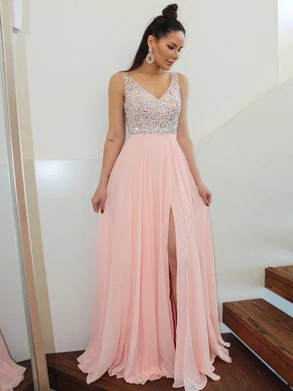 A-Line/Elegant Straps Beading Sleeveless Chiffon Floor-Length Prom Dresses by misshow.com