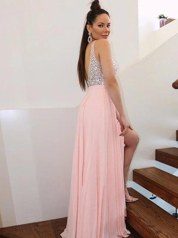A-Line/Elegant Straps Beading Sleeveless Chiffon Floor-Length Prom Dresses by misshow.com