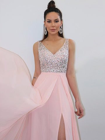 A-Linie/Elegant Träger Perlen verziert Ärmellos Chiffon Bodenlang Abiballkleider