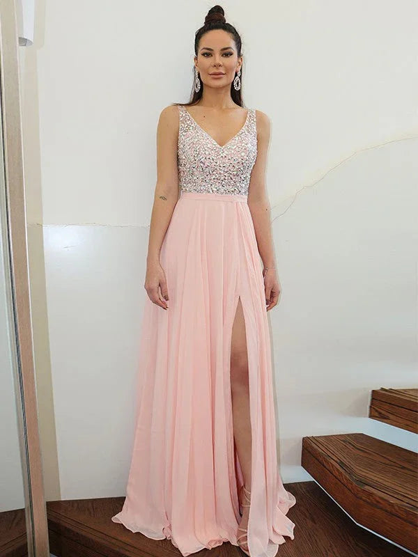A-Line/Elegant Straps Beading Sleeveless Chiffon Floor-Length Prom Dresses by misshow.com