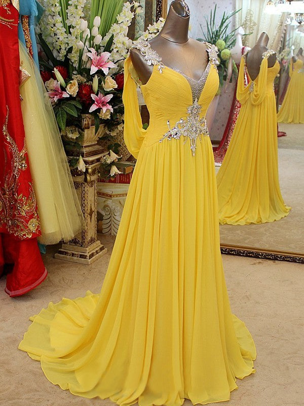 A-Line/Elegant Straps Sleeveless Beading Chiffon Prom Dresses Hover Image