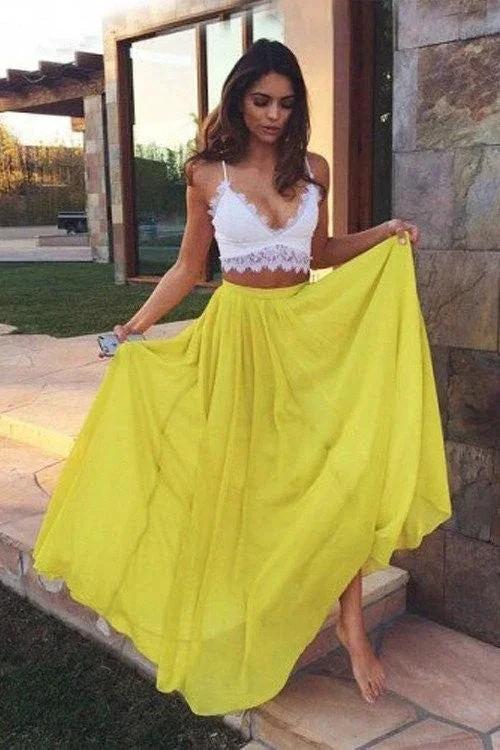 A-Line/Elegant Straps Sleeveless Floor-Length Lace Chiffon Two Piece Prom Dresses by misshow.com