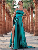A-Line/Elegant Straps Sleeveless Ruffles Silk like Satin Prom Dresses by misshow.com