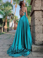 A-Line/Elegant Straps Sleeveless Ruffles Silk like Satin Prom Dresses by misshow.com