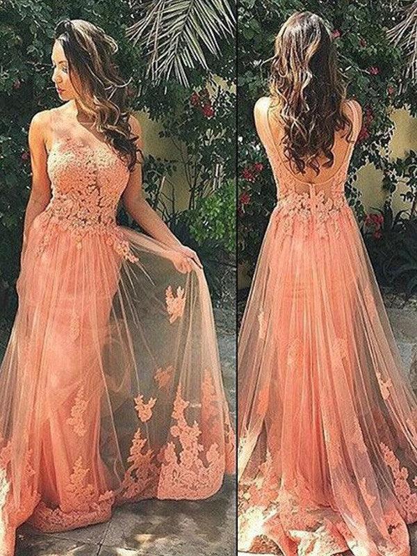 A-Line/Elegant Straps Sleeveless Tulle Applique Prom Dresses by misshow.com