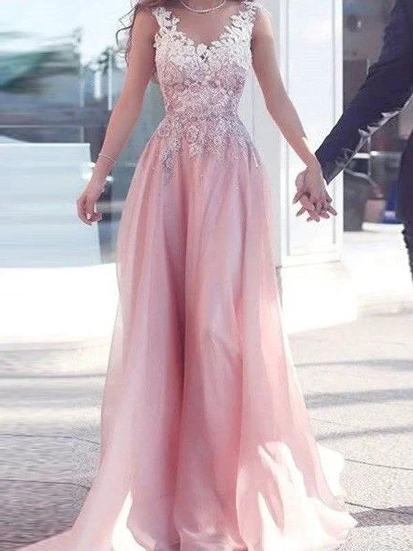 A-Line/Elegant Sweetheart Sleeveless Floor-Length Applique Chiffon Prom Dresses by misshow.com