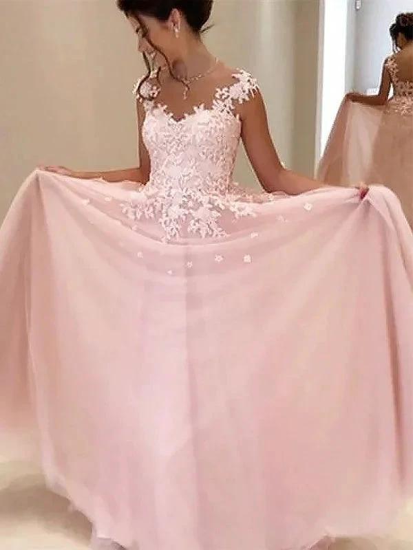 A-Line/Elegant Sweetheart Sleeveless Floor-Length Applique Tulle Prom Dresses by misshow.com