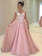 A-Line/Elegant Sweetheart Sleeveless Floor-Length Applique Tulle Prom Dresses by misshow.com