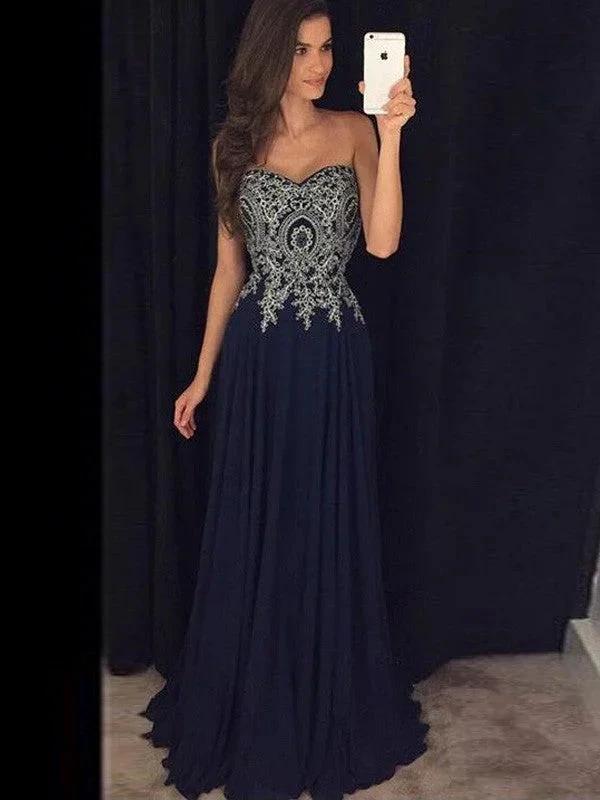 A-Line/Elegant Sweetheart Sleeveless Floor-Length Chiffon Applique Prom Dresses by misshow.com
