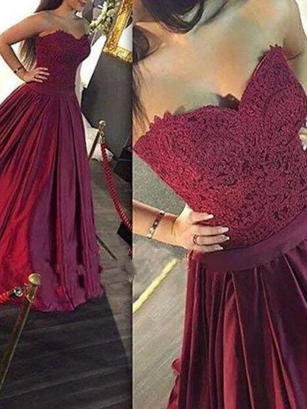 A-Line/Elegant Sweetheart Sleeveless Lace Satin Floor-Length Prom Dresses by misshow.com