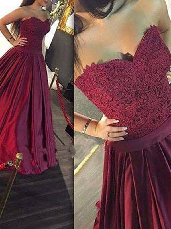 A-Line/Elegant Sweetheart Sleeveless Lace Satin Floor-Length Prom Dresses Hover Image