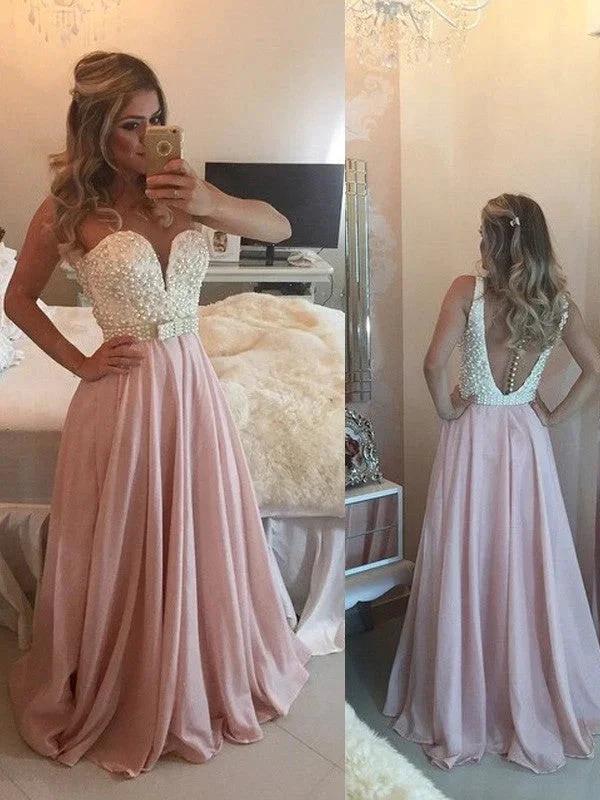A-Line/Elegant Sweetheart Sleeveless Pearls Floor-Length Chiffon Prom Dresses by misshow.com