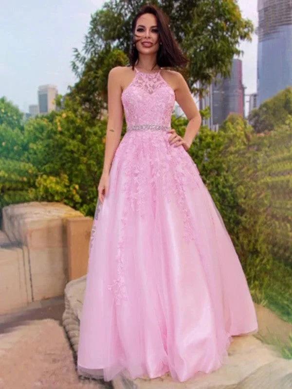 A-Line/Elegant Tulle Applique Halter Sleeveless Floor-Length Prom Dresses by misshow.com