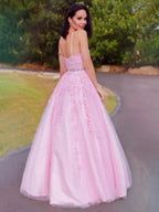 A-Line/Elegant Tulle Applique Halter Sleeveless Floor-Length Prom Dresses by misshow.com