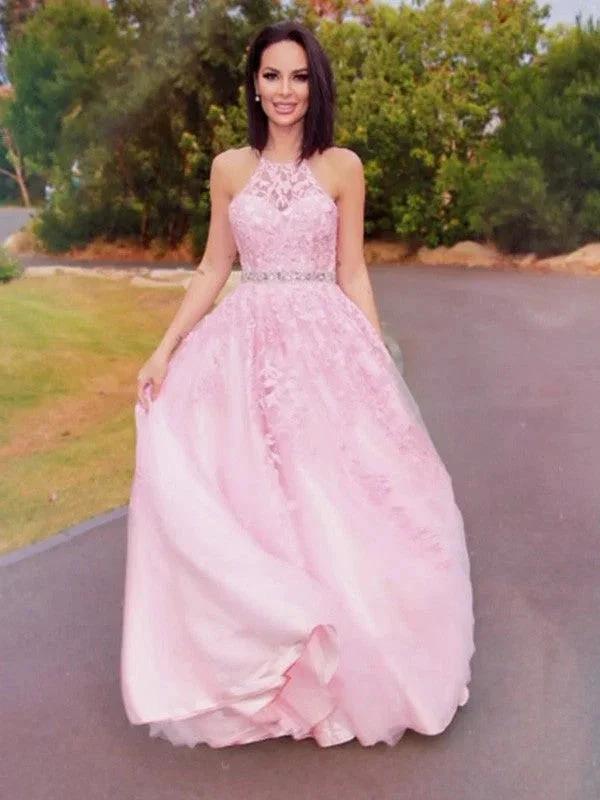 A-Line/Elegant Tulle Applique Halter Sleeveless Floor-Length Prom Dresses by misshow.com