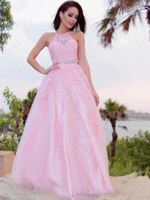 A-Line/Elegant Tulle Applique Halter Sleeveless Floor-Length Prom Dresses by misshow.com
