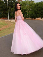 A-Line/Elegant Tulle Applique Halter Sleeveless Floor-Length Prom Dresses by misshow.com