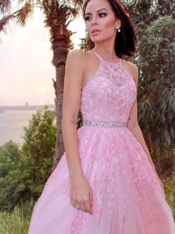 A-Line/Elegant Tulle Applique Halter Sleeveless Floor-Length Prom Dresses by misshow.com