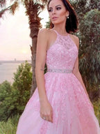 A-Line/Elegant Tulle Applique Halter Sleeveless Floor-Length Prom Dresses by misshow.com