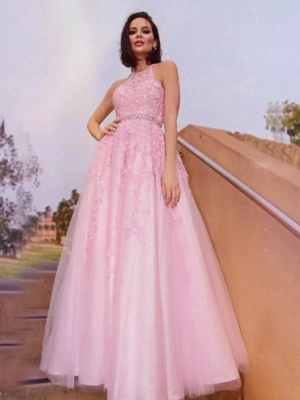A-Line/Elegant Tulle Applique Halter Sleeveless Floor-Length Prom Dresses by misshow.com
