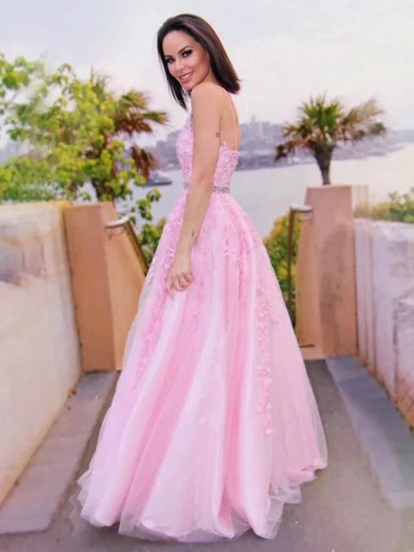 A-Line/Elegant Tulle Applique Halter Sleeveless Floor-Length Prom Dresses by misshow.com