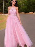 A-Line/Elegant Tulle Applique Halter Sleeveless Floor-Length Prom Dresses by misshow.com