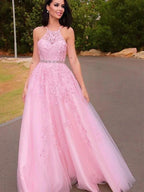 A-Line/Elegant Tulle Applique Halter Sleeveless Floor-Length Prom Dresses by misshow.com