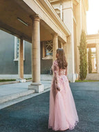 A-Line/Elegant Tulle Applique Long Sleeves V-neck Floor-Length Prom Dresses by misshow.com
