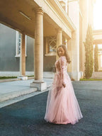 A-Line/Elegant Tulle Applique Long Sleeves V-neck Floor-Length Prom Dresses by misshow.com