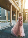 A-Line/Elegant Tulle Applique Long Sleeves V-neck Floor-Length Prom Dresses by misshow.com
