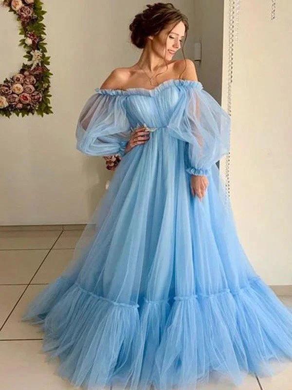A-Line/Elegant Tulle Applique Off-the-Shoulder Long Sleeves Floor-Length Prom Dresses by misshow.com
